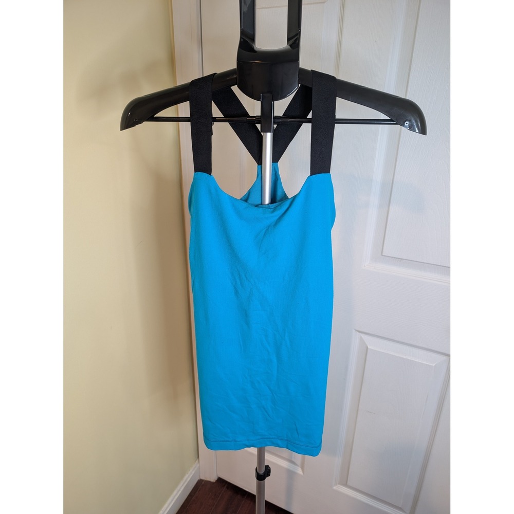 Lululemon Round Neck Tank Top Womens 8 Blue Black Crossback Shelf Bra